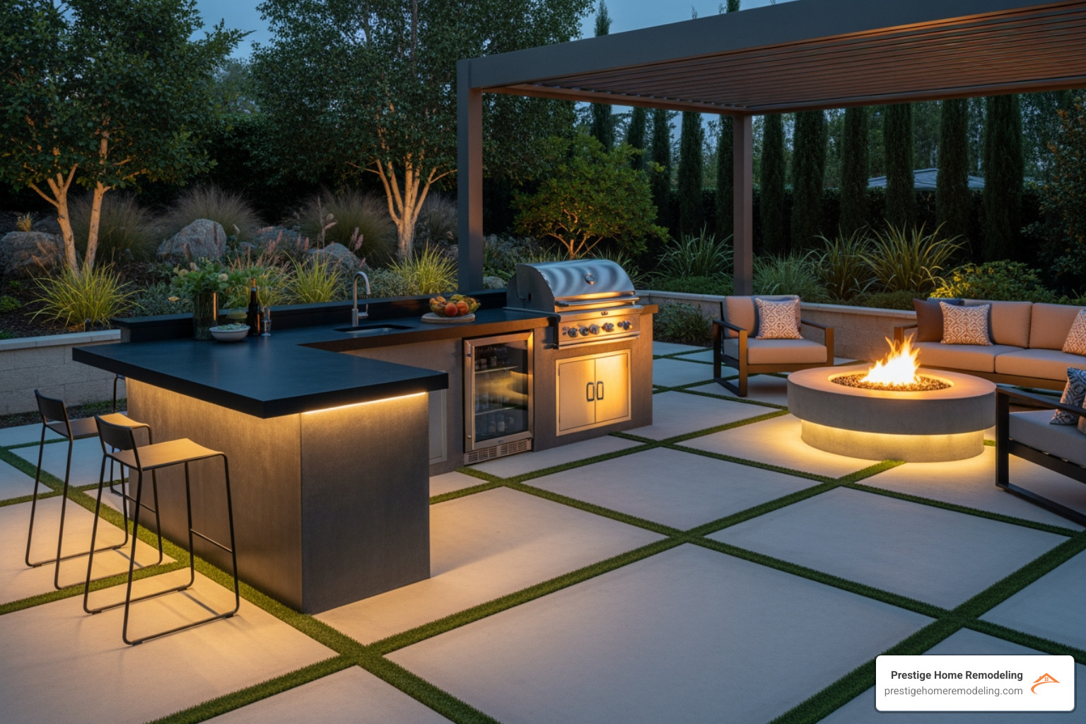 modern patio with outdoor kitchen and fire pit - patio builders Maryland