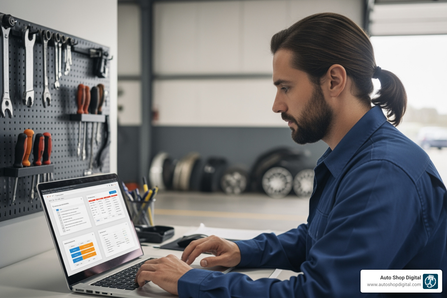 shop owner comparing WMS options on a laptop - workshop management software
