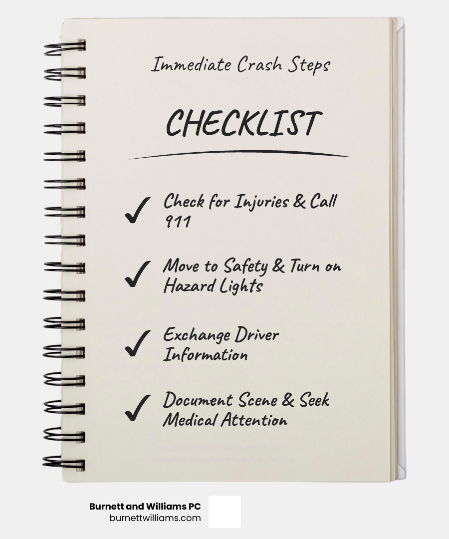 Infographic showing 5 immediate steps after a car crash in Virginia: 1) Check for injuries and call 911, 2) Move to safety if possible and turn on hazard lights, 3) Exchange information with other drivers, 4) Document the scene with photos and notes, 5) Seek medical attention even if you feel fine - Hopewell car accident lawyer infographic checklist-notebook Infographic showing 5 immediate steps after a car crash in Virginia: 1) Check for injuries and call 911, 2) Move to safety if possible and turn on hazard lights, 3) Exchange information with other drivers, 4) Document the scene with photos and notes, 5) Seek medical attention even if you feel fine - Hopewell car accident lawyer infographic checklist-notebook