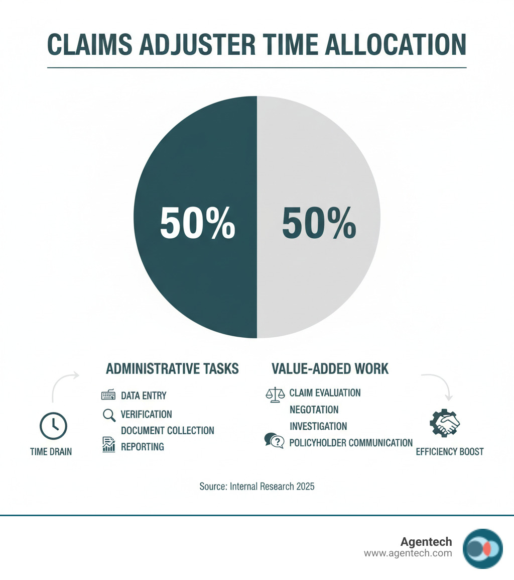 Infographic showing claims adjuster time allocation: 50% administrative tasks including data entry, verification, documentation collection, and reporting versus 50% value-added work including claim evaluation, negotiation, investigation, and policyholder communication - reduce administrative burden infographic