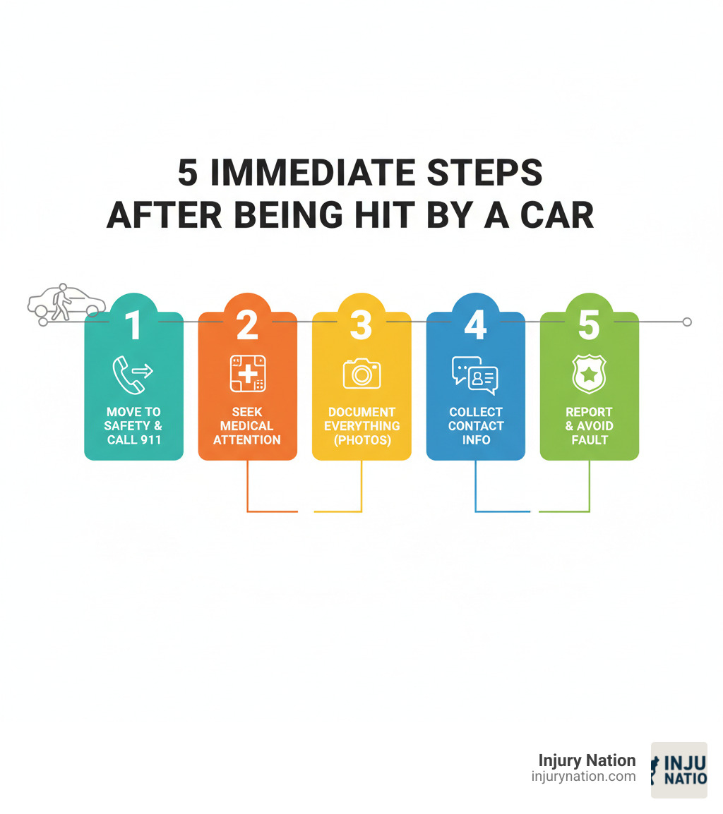 Infographic showing 5 immediate steps after being hit by a car: 1. Move to safety if possible and call 911 immediately, 2. Seek medical attention even if injuries seem minor, 3. Document everything with photos of the scene, vehicles, and injuries, 4. Collect witness contact information and driver details, 5. Report the accident to police and insurance but avoid admitting fault - pedestrian accident claim infographic 