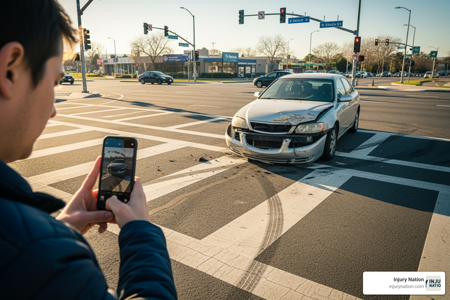 individual taking a photo of a damaged car and a crosswalk with their smartphone - pedestrian accident claim