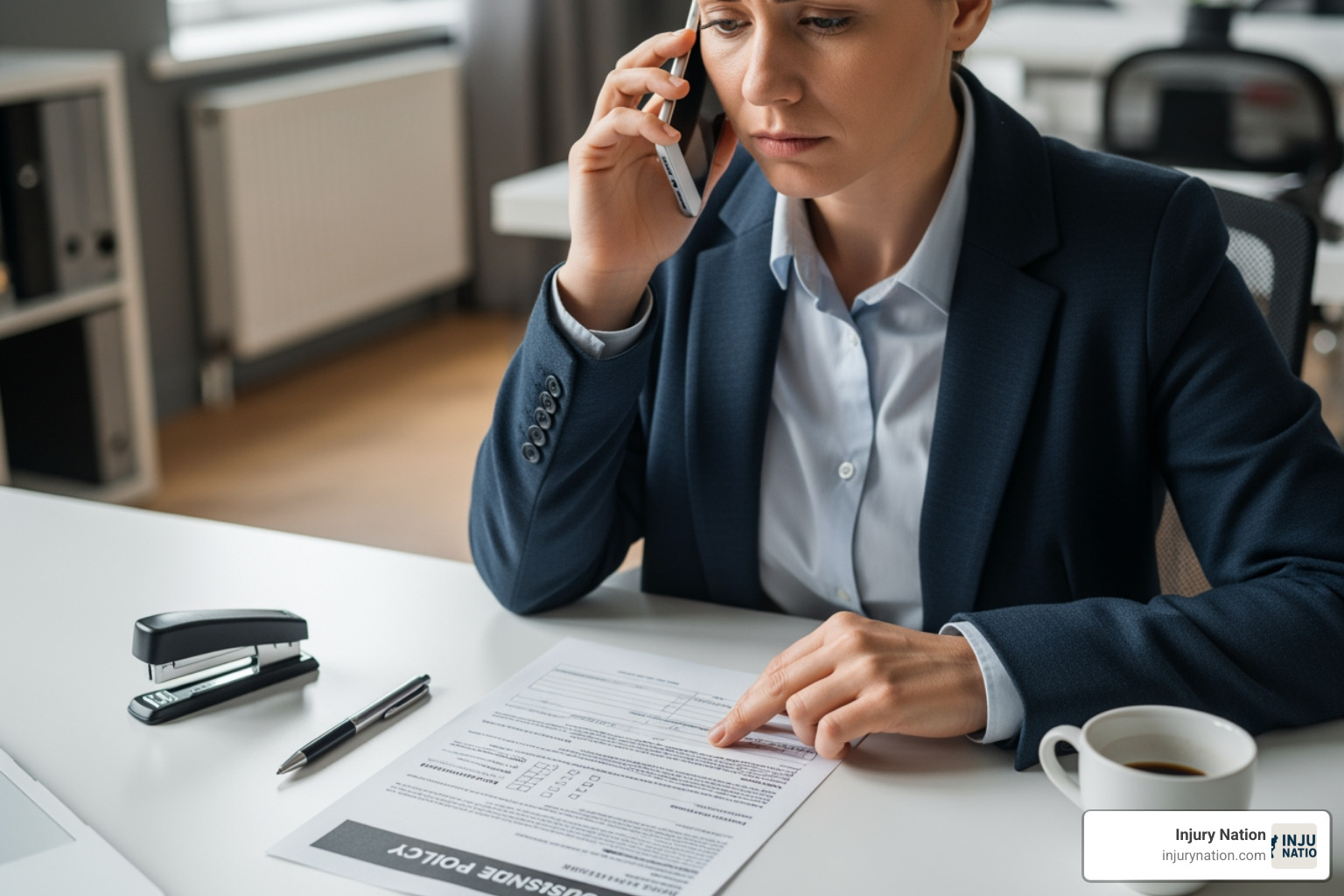 person on the phone looking at an insurance document with a concerned expression - pedestrian accident claim