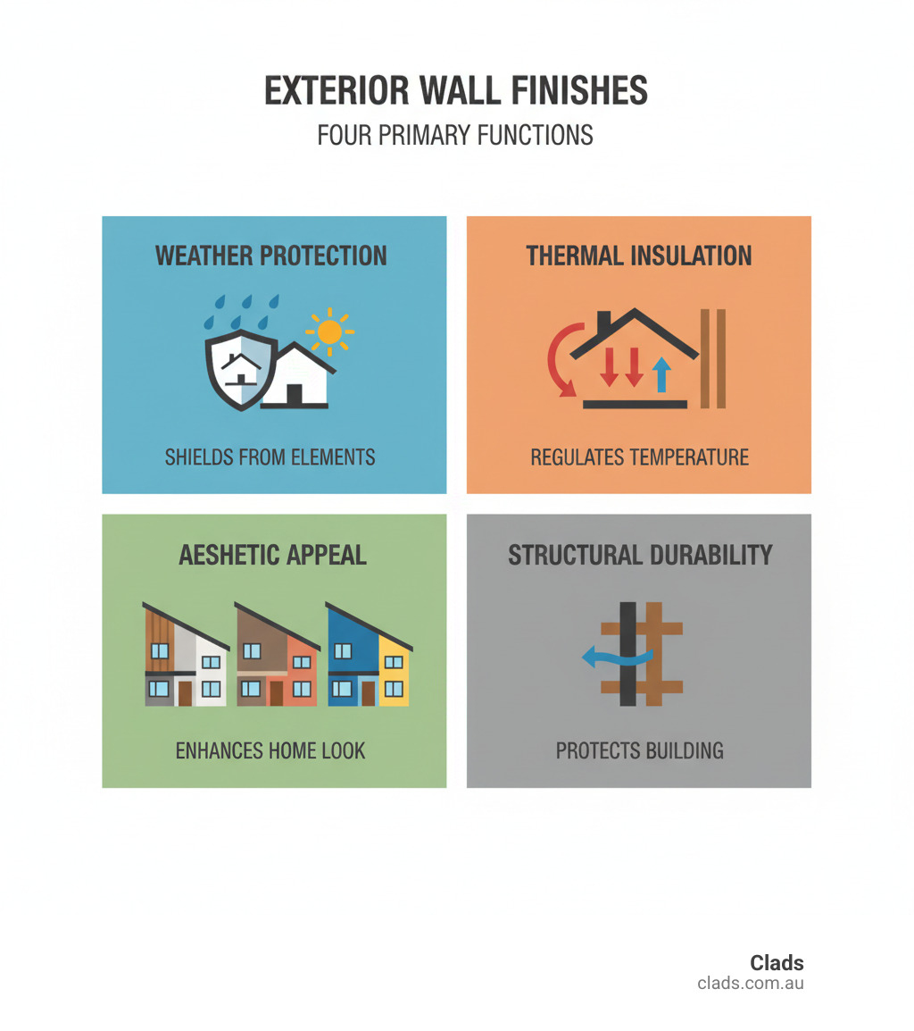 Infographic detailing four primary functions of exterior wall finishes: weather protection, thermal insulation, aesthetic appeal, and structural durability