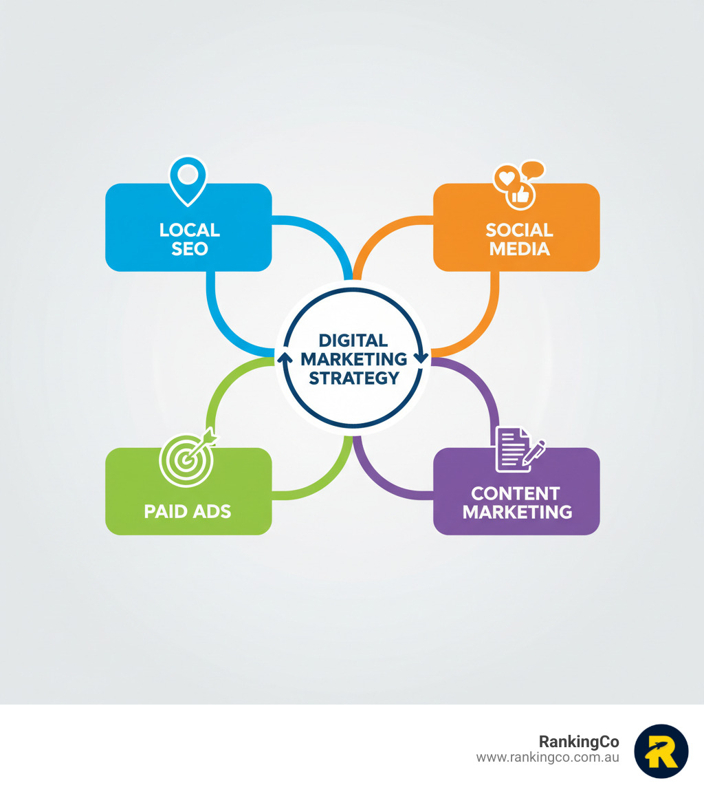 Infographic showing the four pillars of local digital marketing: Local SEO with a map pin icon, Social Media with engagement icons, Paid Ads with a target icon, and Content Marketing with a document icon, all connected to a central 'Digital Marketing Strategy' hub - Digital marketing Central Coast infographic 