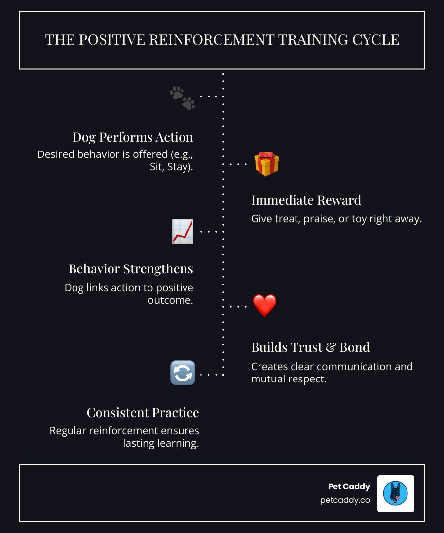 Infographic showing the dog training cycle: Good Behavior → Immediate Reward (treat, praise, or play) → Behavior Increases → Stronger Bond. Includes icons of a happy dog, a treat, and a heart symbol representing trust and partnership. - Dog Training infographic infographic-line-5-steps-dark Infographic showing the dog training cycle: Good Behavior → Immediate Reward (treat, praise, or play) → Behavior Increases → Stronger Bond. Includes icons of a happy dog, a treat, and a heart symbol representing trust and partnership. - Dog Training infographic infographic-line-5-steps-dark