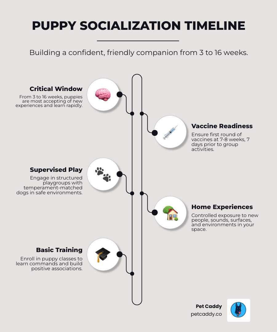 Infographic showing the puppy socialization timeline: Critical window from 3-12 weeks when puppies are most accepting of new experiences, vaccination requirements starting at 7-8 weeks, and key socialization activities including supervised play with other puppies, exposure to new people and environments, and basic training foundations. Includes visual timeline with icons for vet visits, playgroups, and home socialization activities. - Austin puppy socialization infographic infographic-line-5-steps-elegant_beige Infographic showing the puppy socialization timeline: Critical window from 3-12 weeks when puppies are most accepting of new experiences, vaccination requirements starting at 7-8 weeks, and key socialization activities including supervised play with other puppies, exposure to new people and environments, and basic training foundations. Includes visual timeline with icons for vet visits, playgroups, and home socialization activities. - Austin puppy socialization infographic infographic-line-5-steps-elegant_beige