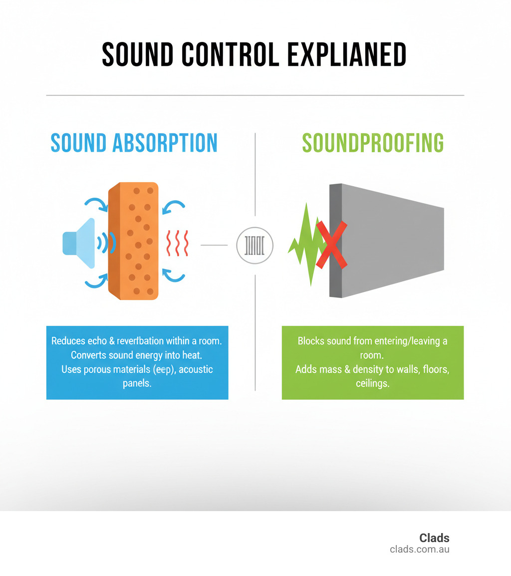 Infographic explaining the difference between sound absorption using soundboard wall panels to reduce echo and soundproofing to block external noise