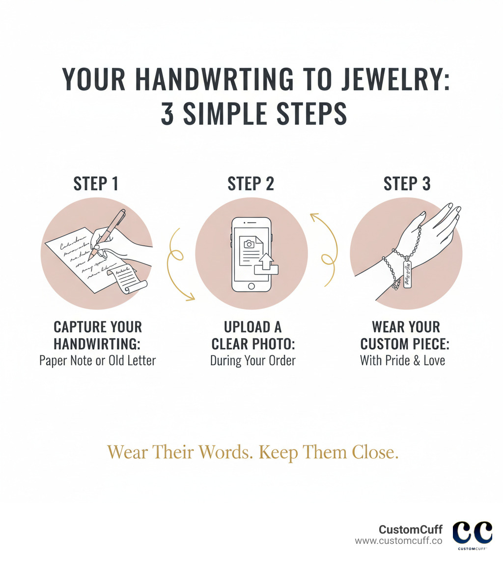 Infographic showing three simple steps: Step 1 - Capture your handwriting on paper or find an old note; Step 2 - Upload a clear photo during your order; Step 3 - Wear your custom-engraved jewelry piece with pride - actual handwriting jewelry infographic Infographic showing three simple steps: Step 1 - Capture your handwriting on paper or find an old note; Step 2 - Upload a clear photo during your order; Step 3 - Wear your custom-engraved jewelry piece with pride - actual handwriting jewelry infographic