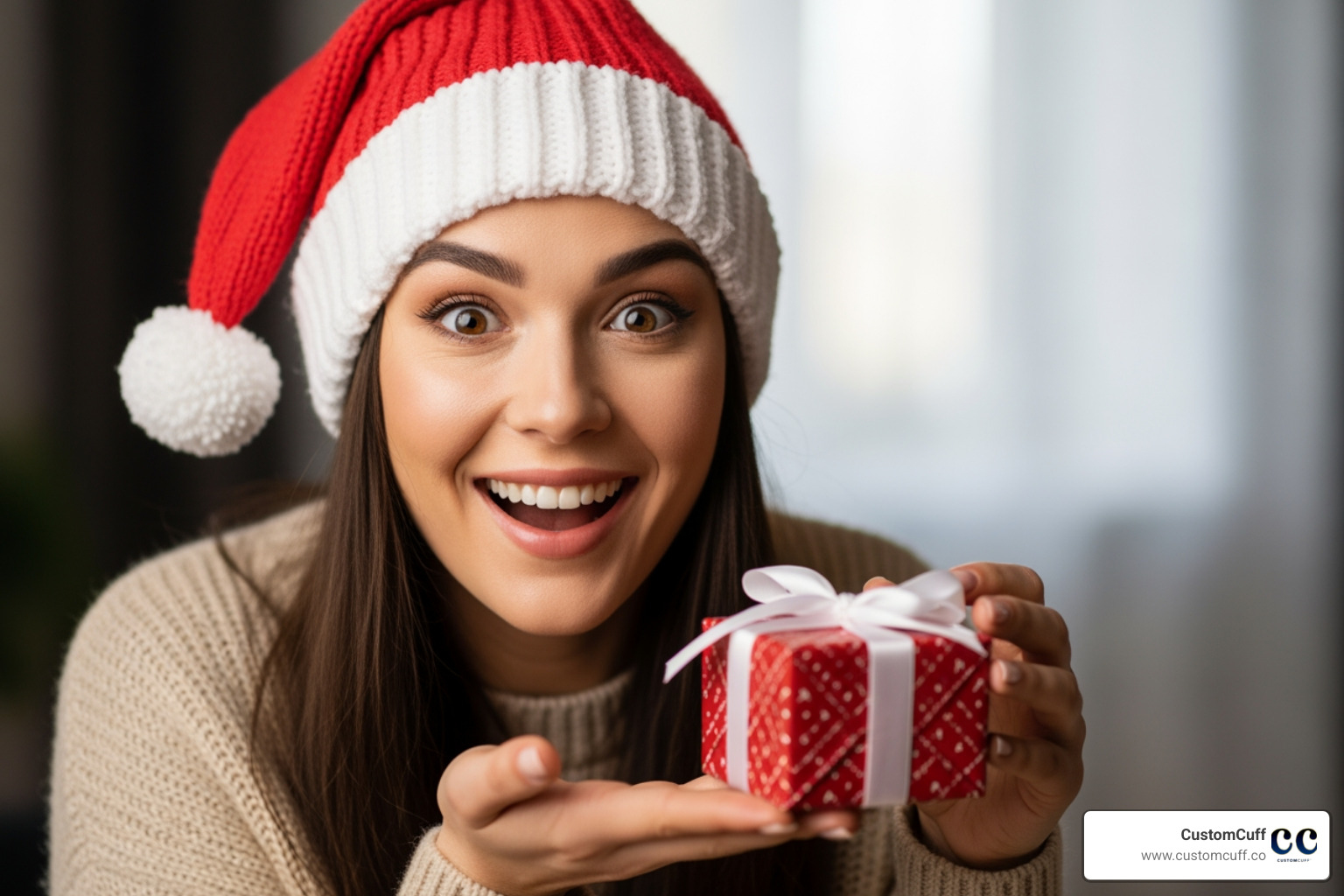 A person happily receiving a small, elegantly wrapped gift box, with a wide smile on their face, suggesting joy and surprise - actual handwriting jewelry A person happily receiving a small, elegantly wrapped gift box, with a wide smile on their face, suggesting joy and surprise - actual handwriting jewelry