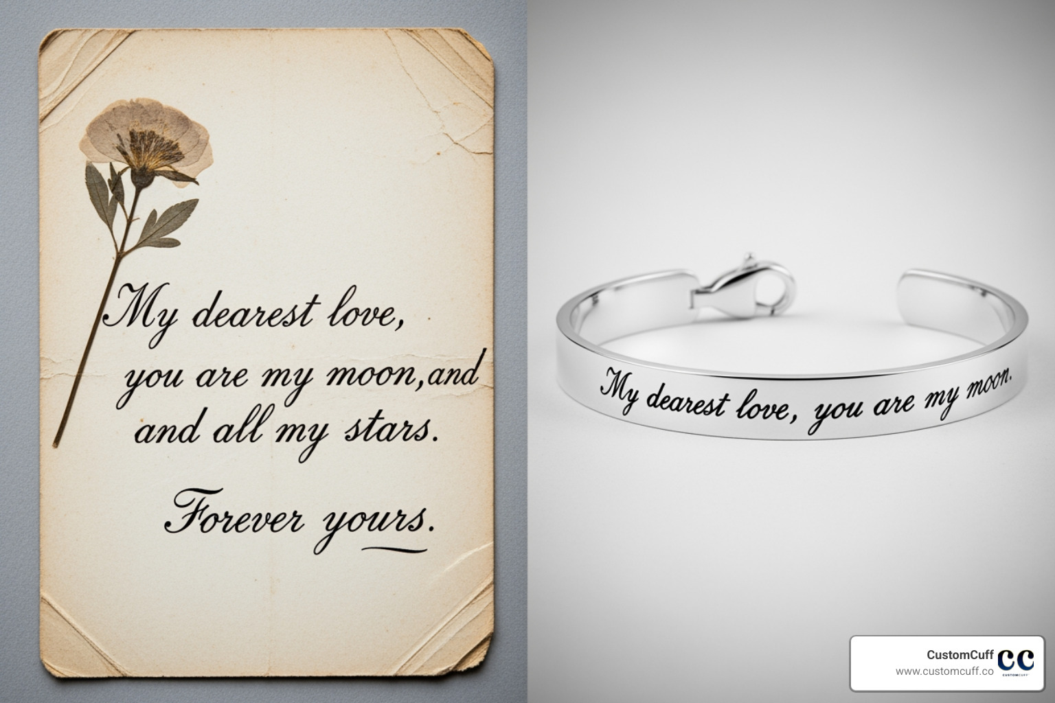 A side-by-side comparison showing an old handwritten card with a heartfelt message on the left, and a sleek, engraved bracelet featuring the exact same handwriting on the right - actual handwriting jewelry A side-by-side comparison showing an old handwritten card with a heartfelt message on the left, and a sleek, engraved bracelet featuring the exact same handwriting on the right - actual handwriting jewelry