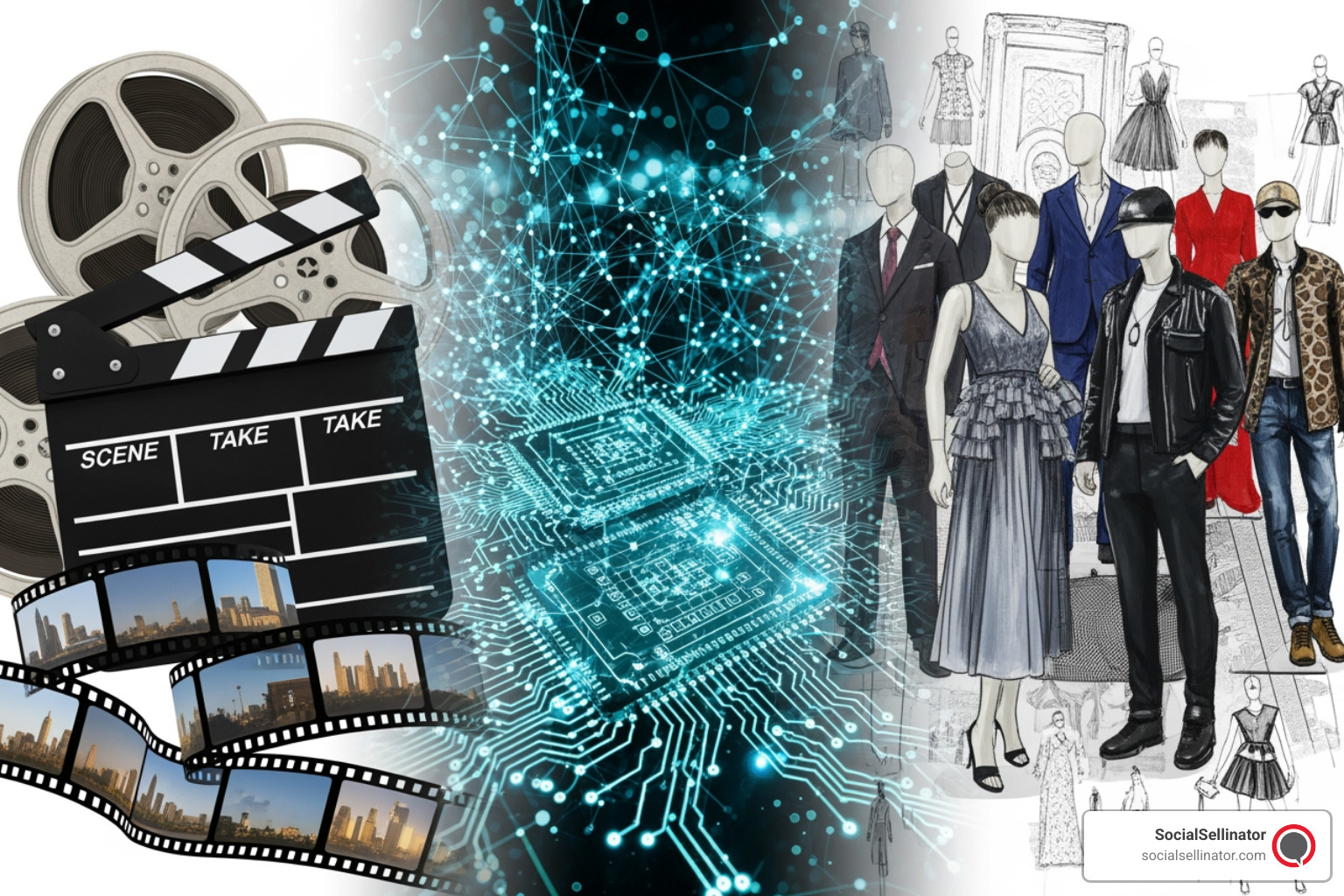 A collage representing key Los Angeles industries including entertainment, technology, and fashion. - digital agency los angeles ca