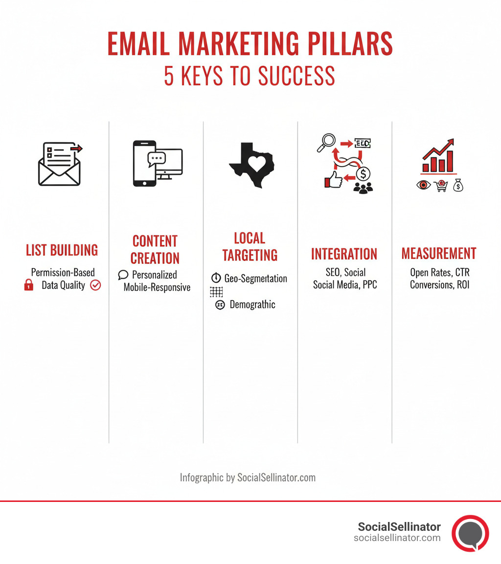 Infographic showing the five key pillars of successful email marketing: List Building (permission-based with data quality), Content Creation (personalized and mobile-responsive), Local Targeting (geo and demographic segmentation), Integration (with SEO, social media, and PPC), and Measurement (tracking open rates, CTR, conversions, and ROI) - email marketing san antonio infographic 