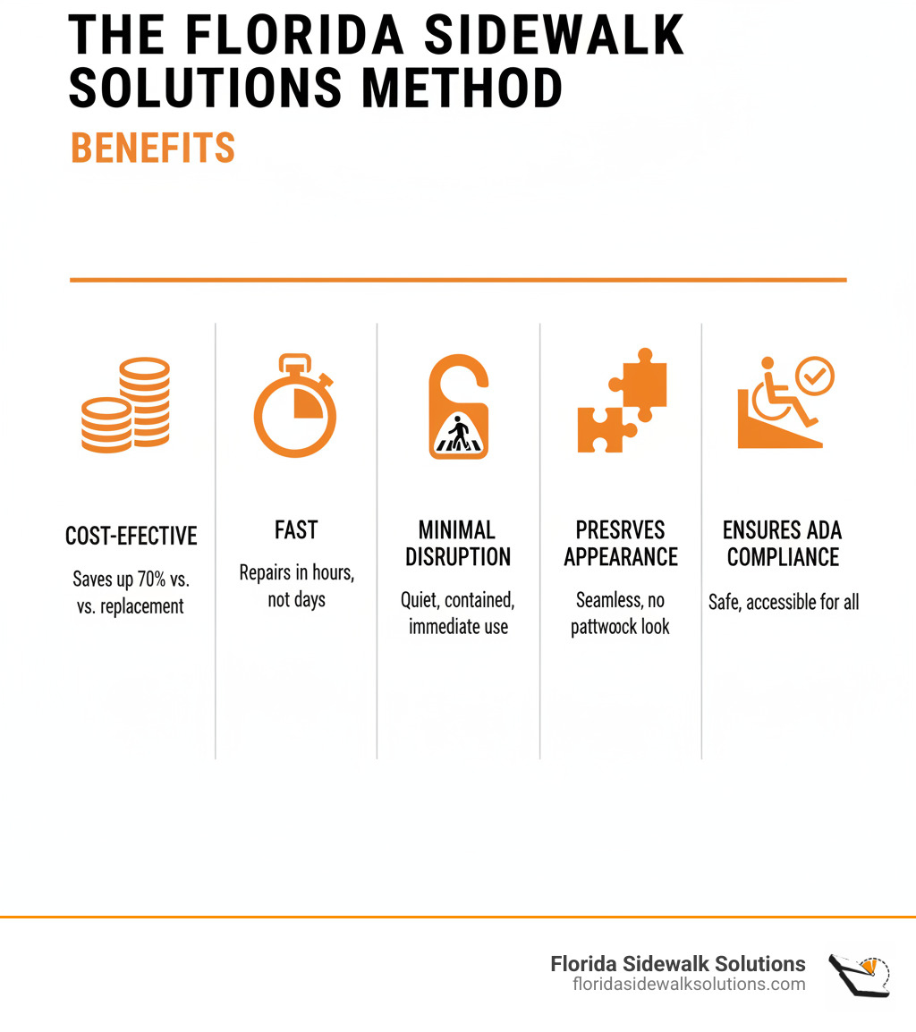 Infographic highlighting the benefits of the Florida Sidewalk Solutions method: Cost-effective, fast, minimal disruption, preserves original sidewalk appearance, and ensures ADA compliance - Concrete leveling services infographic Infographic highlighting the benefits of the Florida Sidewalk Solutions method: Cost-effective, fast, minimal disruption, preserves original sidewalk appearance, and ensures ADA compliance - Concrete leveling services infographic