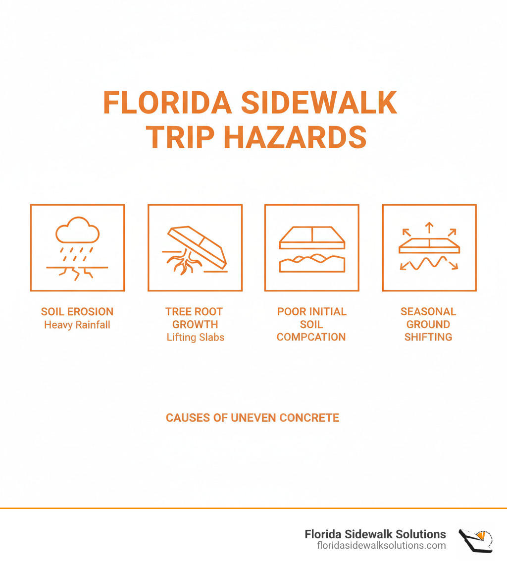 Infographic showing common causes of Florida sidewalk trip hazards including soil erosion from heavy rainfall, tree root growth lifting concrete slabs, poor initial soil compaction, and seasonal ground shifting - Concrete leveling services infographic Infographic showing common causes of Florida sidewalk trip hazards including soil erosion from heavy rainfall, tree root growth lifting concrete slabs, poor initial soil compaction, and seasonal ground shifting - Concrete leveling services infographic
