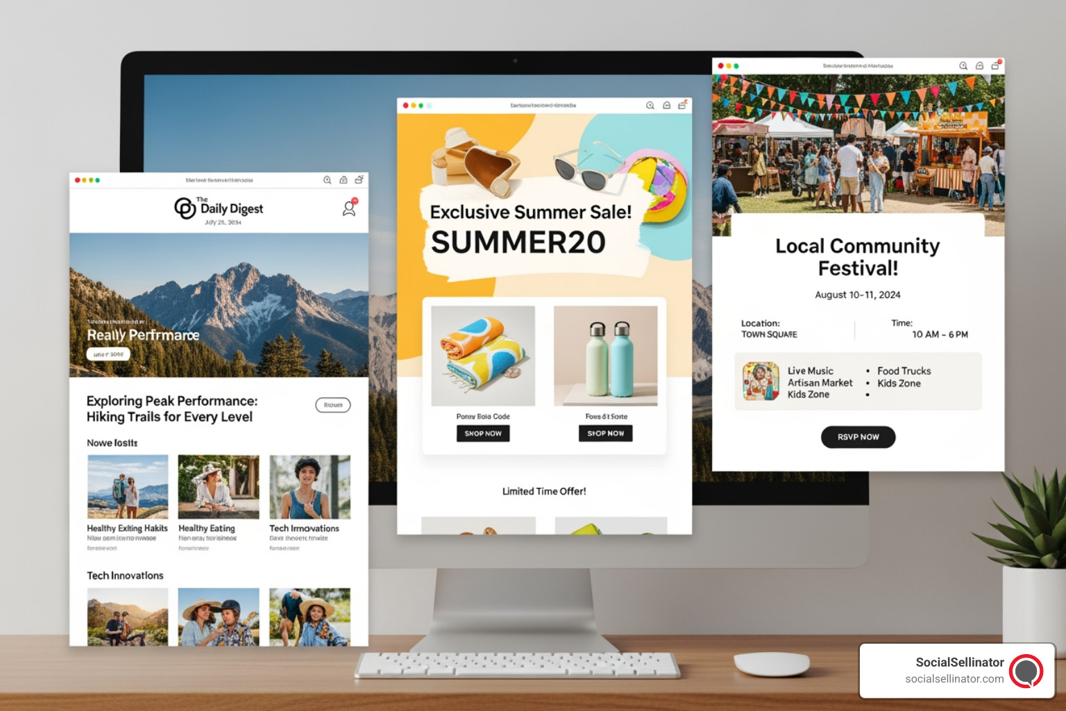A collage image showcasing various email campaign types: a vibrant newsletter, a promotional offer with a discount code, and an event invitation for a local festival. - email marketing san antonio