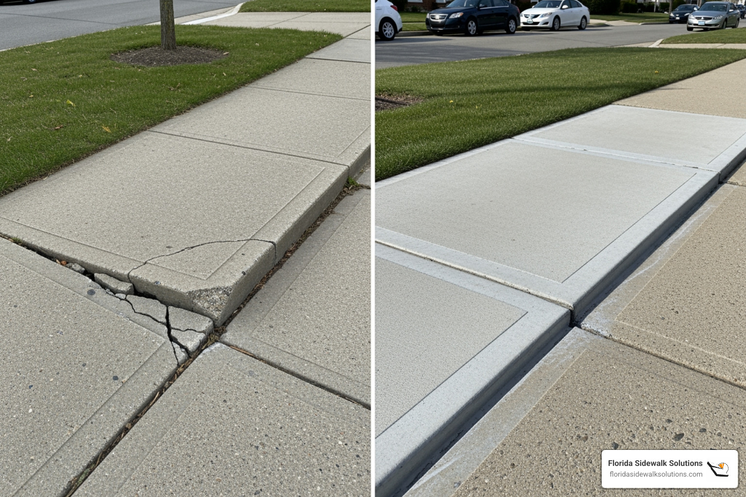 Before and after of a sidewalk repaired with the Florida Sidewalk Solutions cutting method, showing a smooth transition - Concrete leveling services Before and after of a sidewalk repaired with the Florida Sidewalk Solutions cutting method, showing a smooth transition - Concrete leveling services