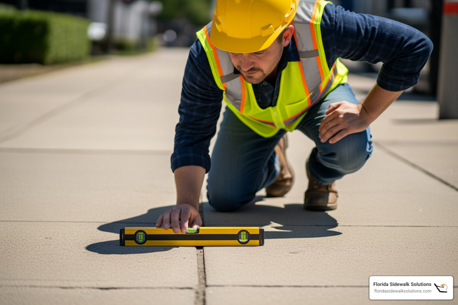 Professional contractor assessing an uneven sidewalk with a measuring tool - Concrete leveling services Professional contractor assessing an uneven sidewalk with a measuring tool - Concrete leveling services