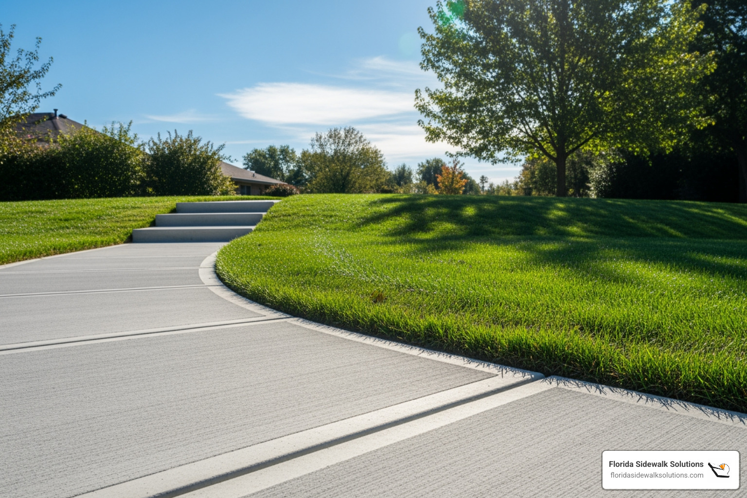 Clean, repaired sidewalk next to a beautiful lawn, demonstrating aesthetic appeal - Concrete leveling services Clean, repaired sidewalk next to a beautiful lawn, demonstrating aesthetic appeal - Concrete leveling services