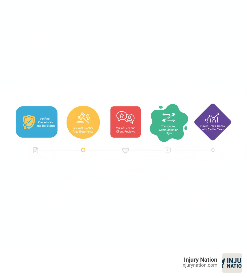 Infographic showing five key factors to consider when choosing a lawyer: verified credentials and bar status, relevant practice area experience, mix of peer and client reviews, transparent communication style, and proven track record with similar cases - best lawyer rating website infographic 