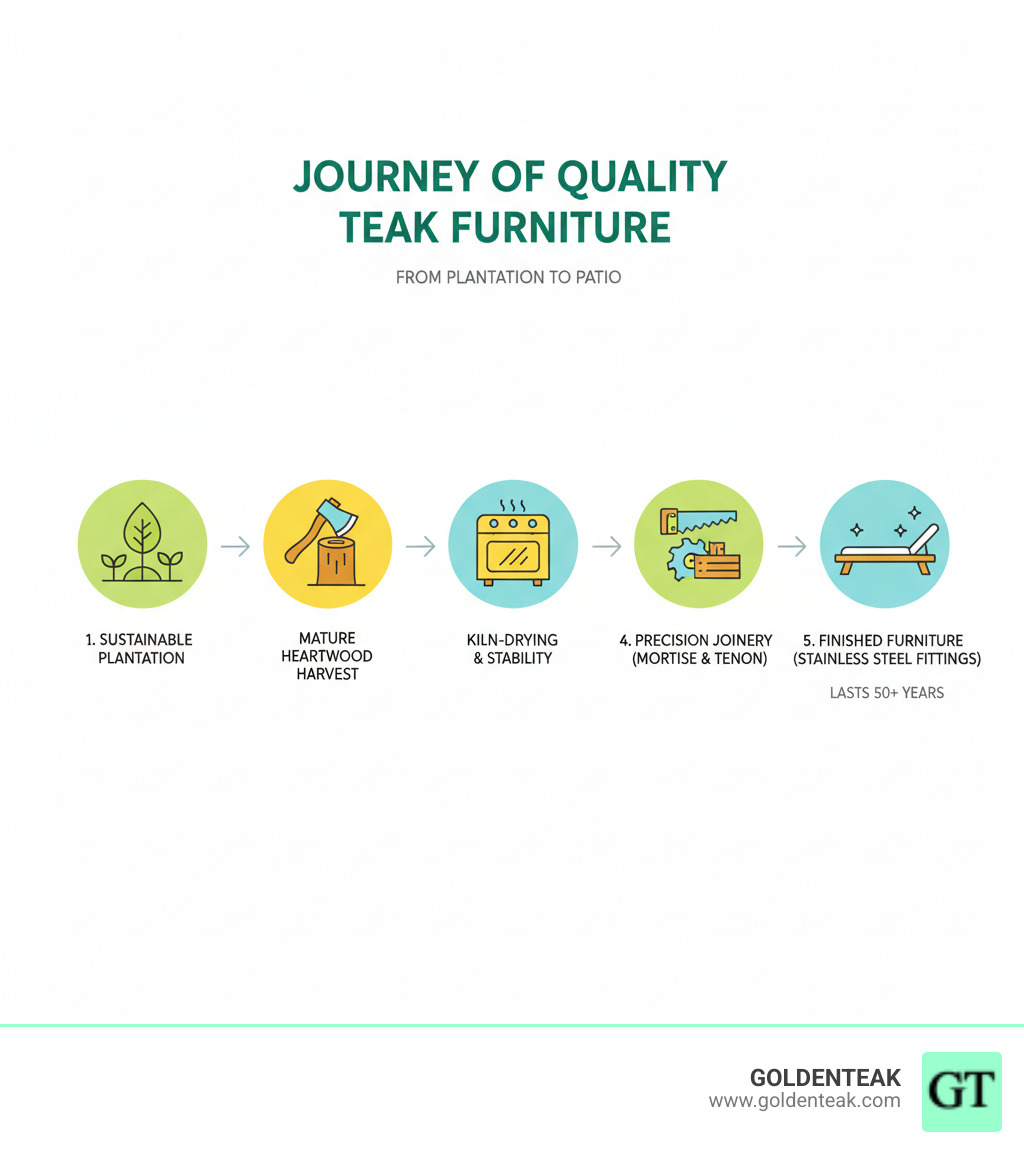 Infographic showing the journey of quality teak furniture from sustainably managed plantation through harvesting of mature heartwood, kiln-drying for stability, precision cutting and mortise and tenon joinery construction, to the finished outdoor furniture piece with stainless steel fittings - Quality teak furniture infographic 