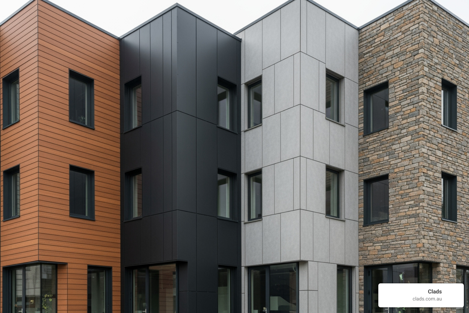 Multi-storey commercial building clad in various thermal cladding external panels, including dark composite and stacked stone, for high-performance weather protection