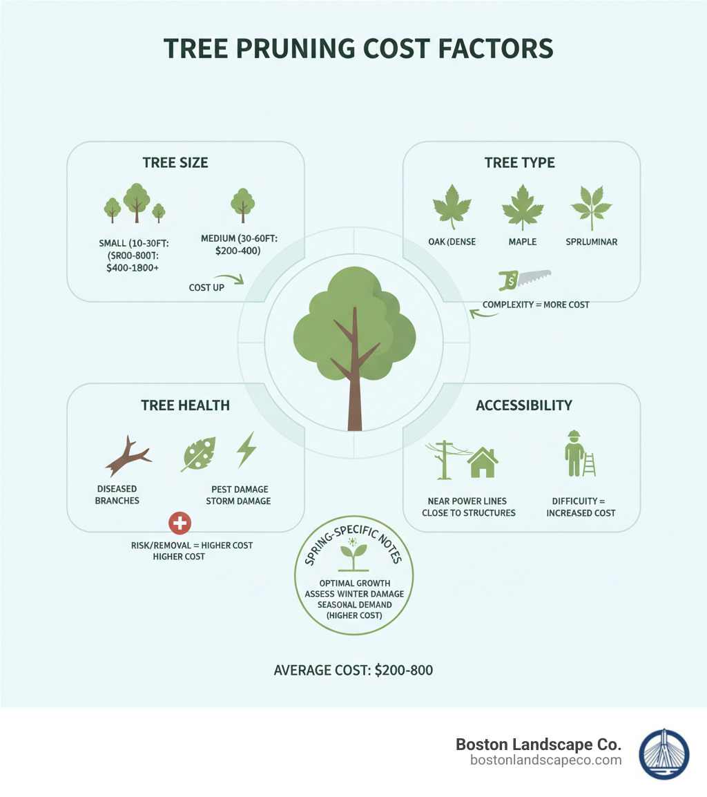 infographic showing tree pruning cost factors: a visual breakdown of how tree size (small 10-30ft, medium 30-60ft, large 60ft+), tree type (oak, pine, maple, cypress), tree health (diseased branches, pest damage, storm damage), and accessibility (near power lines, close to structures, sloped terrain) each impact the final pruning cost, with spring-specific notes about growth patterns and seasonal demand - average cost of tree pruning infographic 