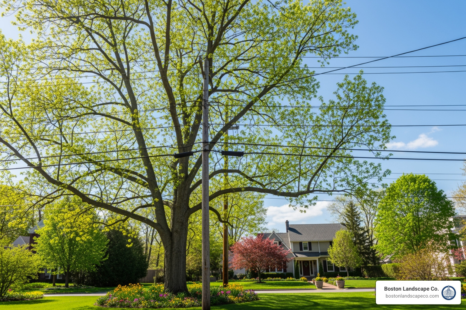 image of a tree close to power lines in a springtime residential setting - average cost of tree pruning
