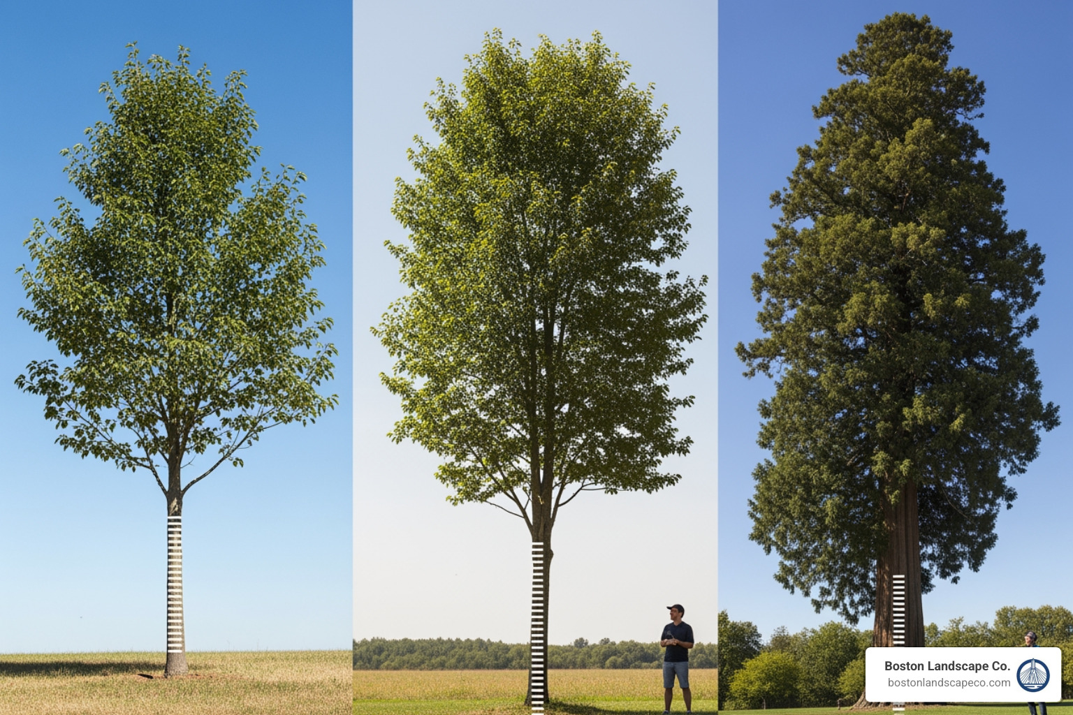 image comparing a small, medium, and large tree with height markers - average cost of tree pruning