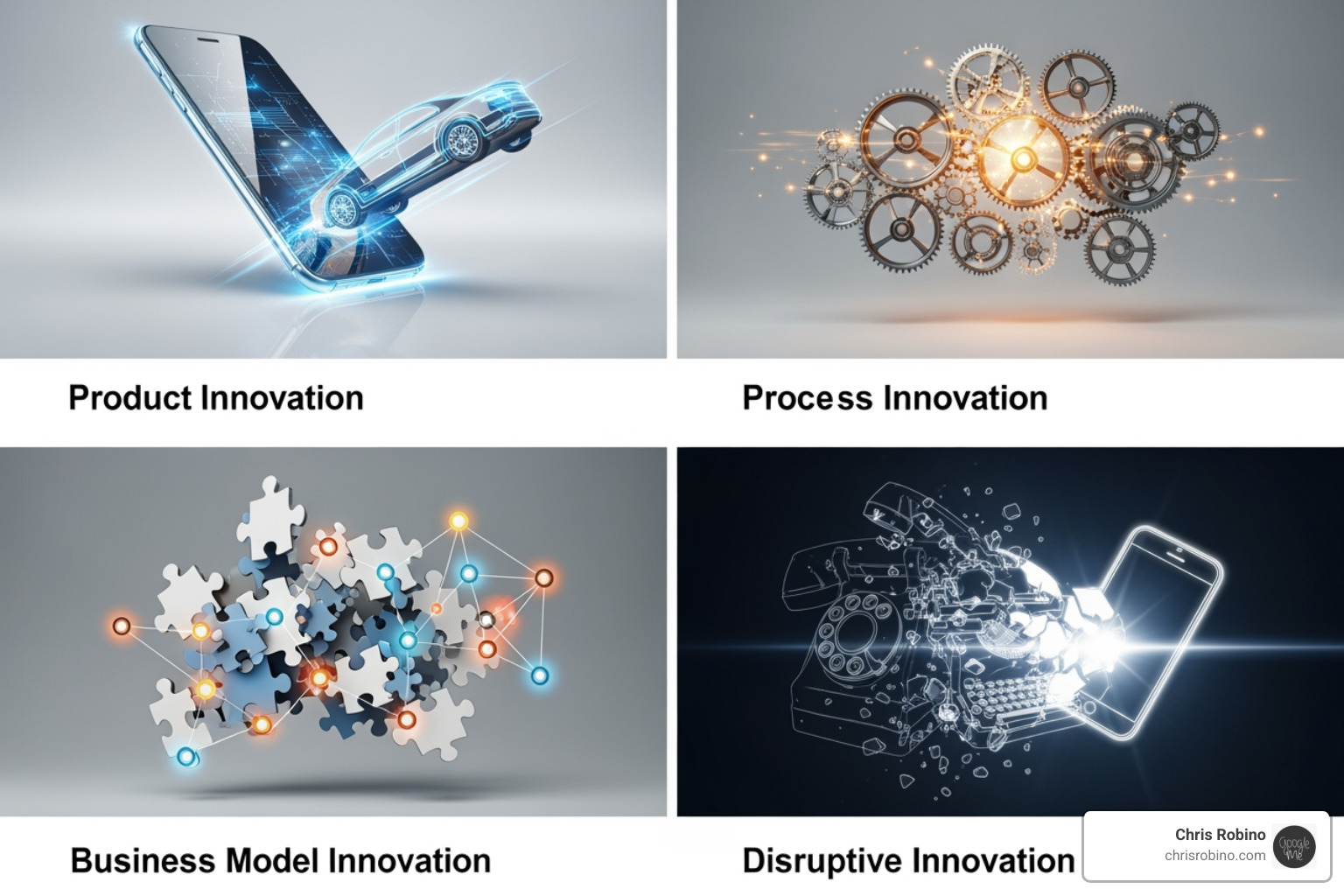 four types of innovation: product, process, business model, disruptive, with icons representing each - Business innovation strategy