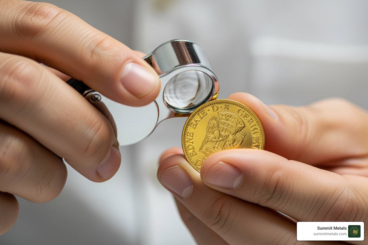 Image of a gold coin being authenticated with a loupe - queens beasts gold coin