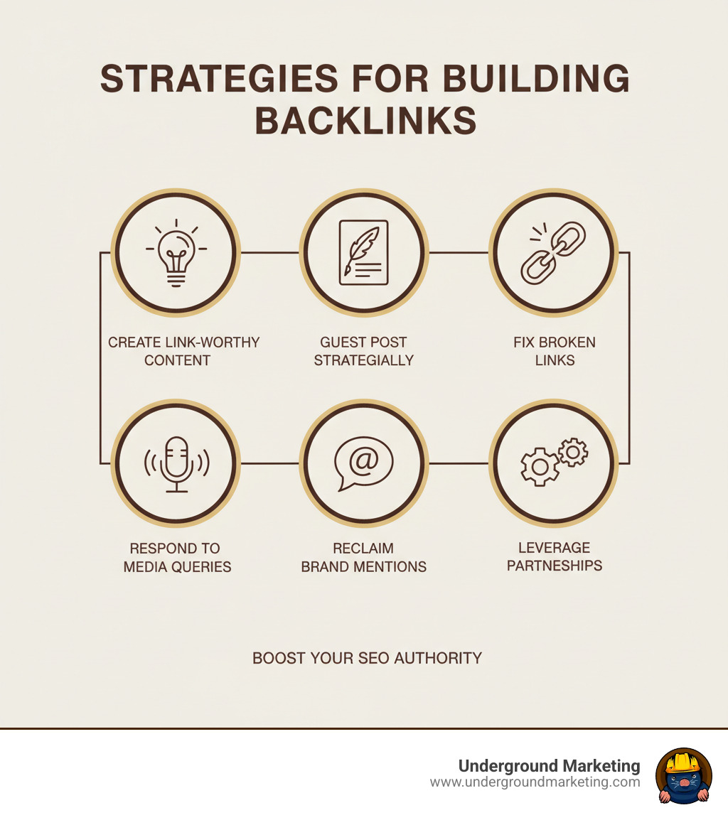 Infographic summarizing key strategies for building backlinks: Create Link-Worthy Content, Guest Post Strategically, Fix Broken Links, Respond to Media Queries, Reclaim Brand Mentions, Leverage Partnerships - building backlinks infographic 