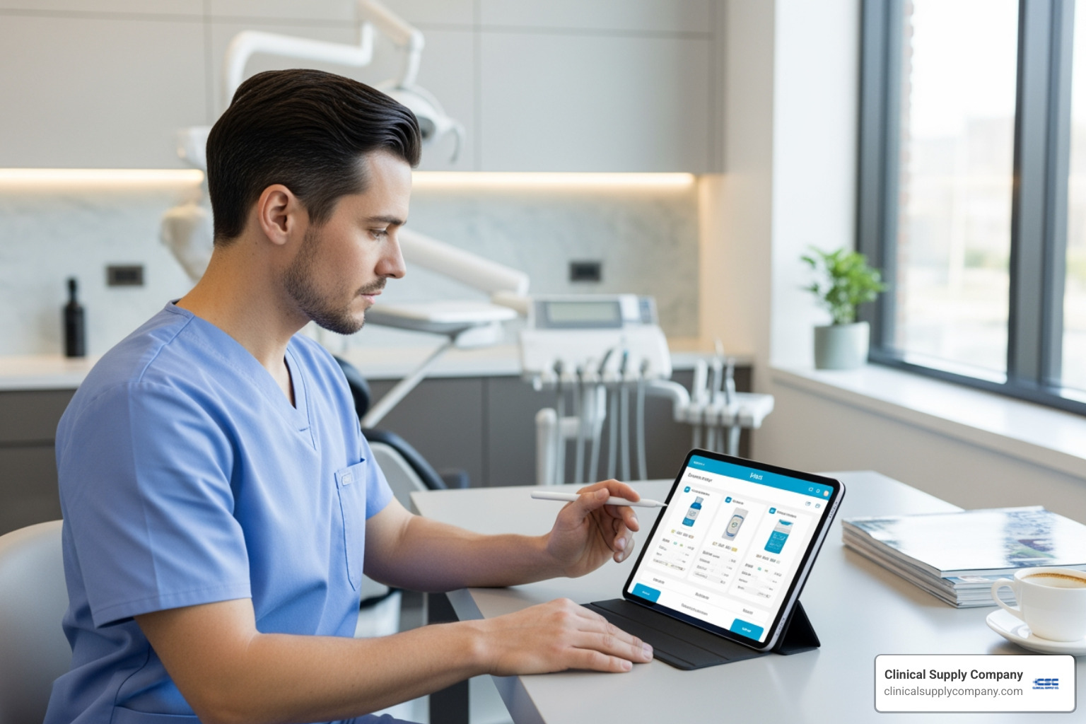 dentist on tablet comparing supply options - dental supply distributor
