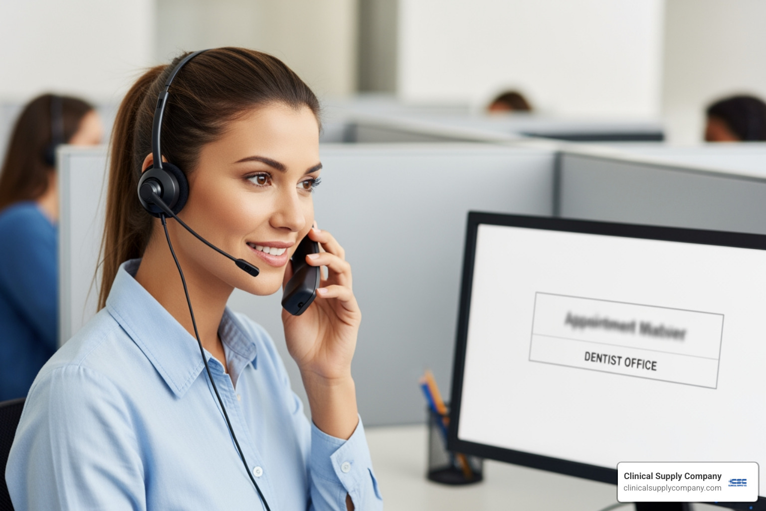 friendly customer service representative on phone with dentist - dental supply distributor