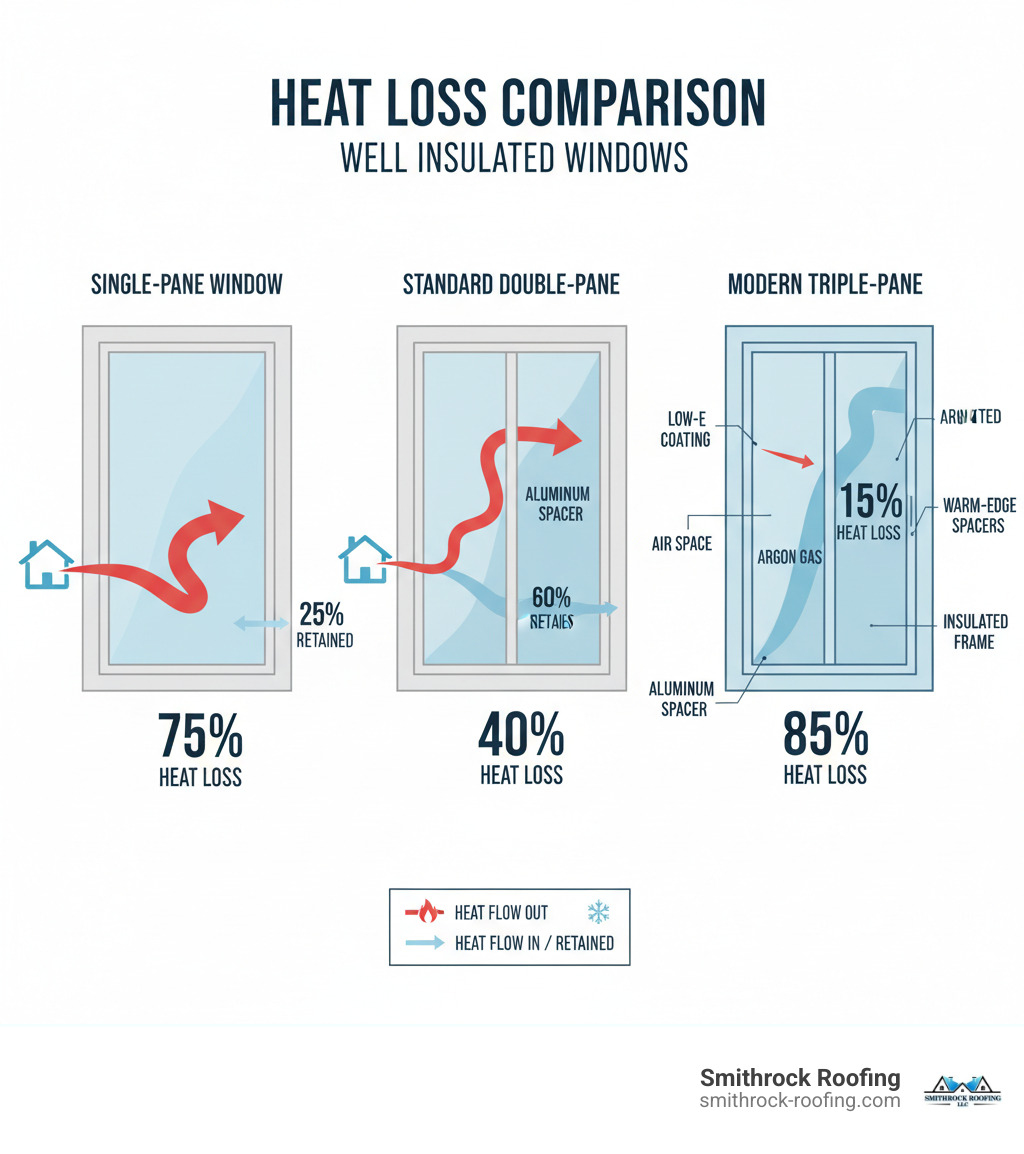 detailed infographic showing heat loss comparison: single-pane window losing 75% of heat, standard double-pane losing 40% of heat, and modern triple-pane insulated window with Low-E coating and argon gas losing only 15% of heat, with arrows indicating heat flow and labels for each component including warm-edge spacers and insulated frame - well insulated windows infographic 