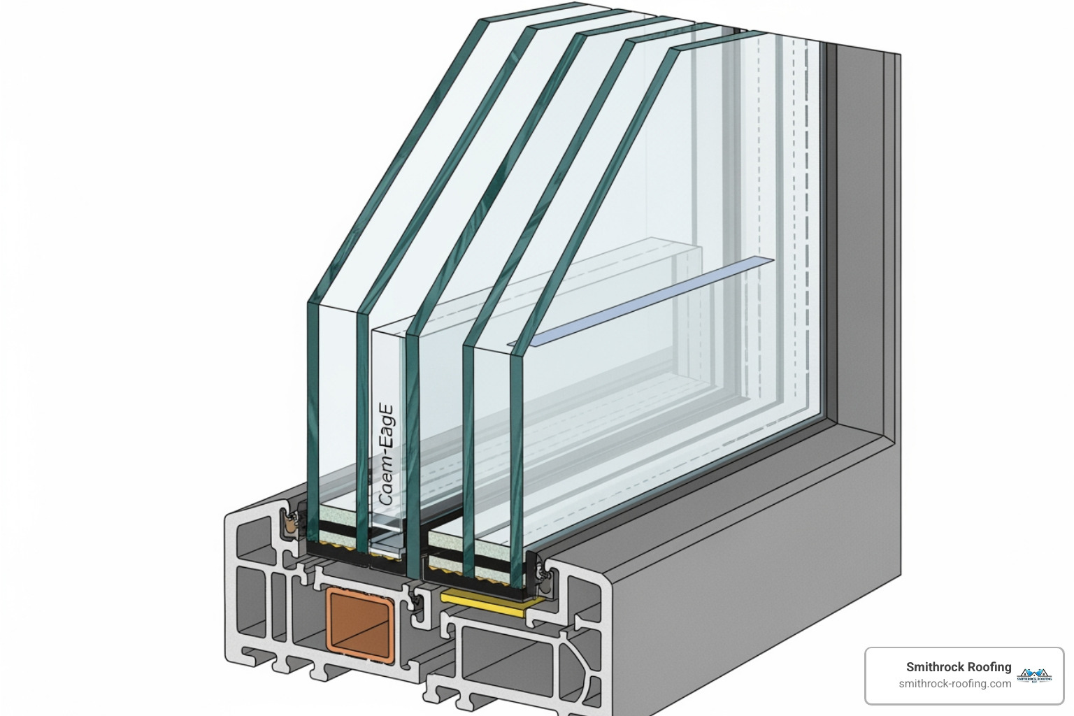detailed cross-section of a high-performance insulated window, labeling the glass panes, Low-E coatings, gas fill, and warm-edge spacer - well insulated windows