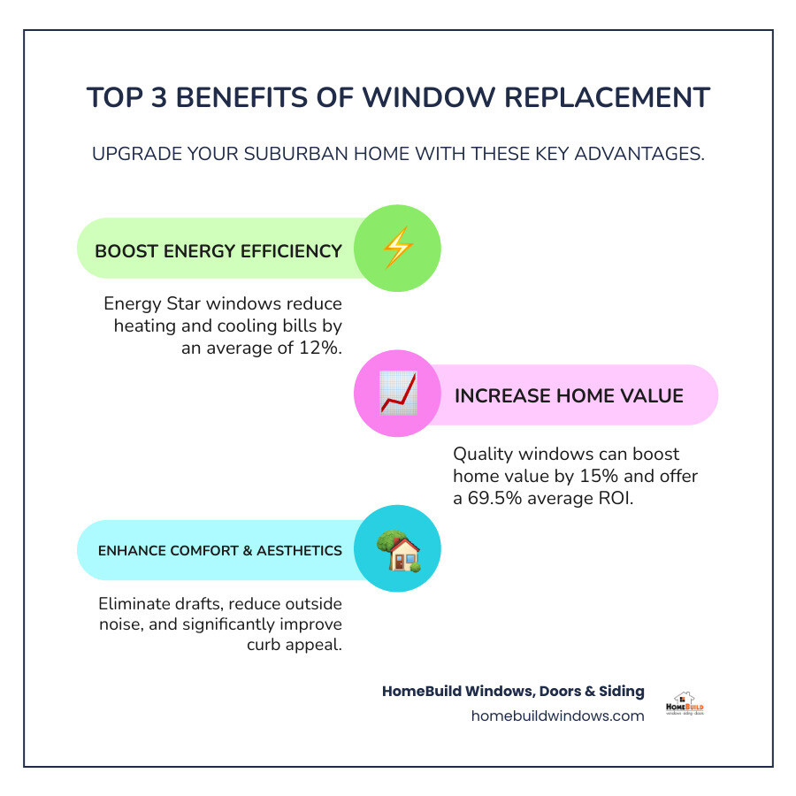 infographic showing three key benefits of window replacement: 1) Improved Energy Efficiency - Energy Star windows reduce bills by 12% on average, 2) Increased Home Value - Quality windows boost home value by 15% and provide 69.5% ROI, 3) Enhanced Comfort and Aesthetics - Eliminate drafts, reduce noise, and improve curb appeal - window replacement suburbs infographic infographic-line-3-steps-colors
