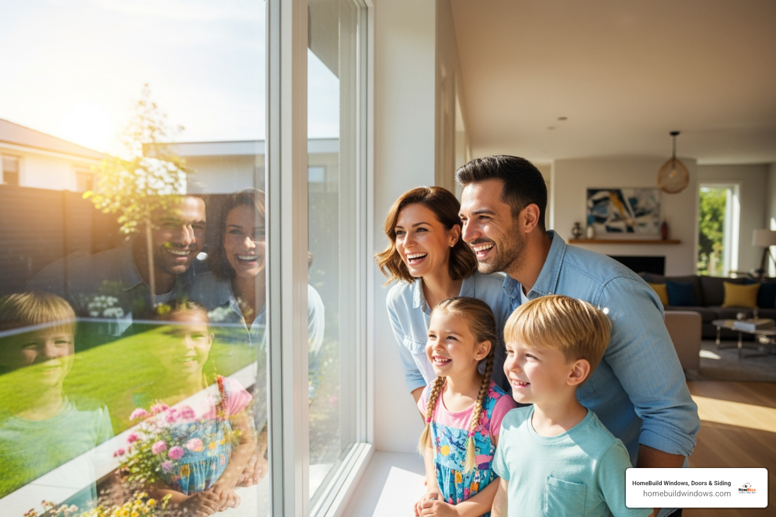 happy family looking out new window - window replacement suburbs