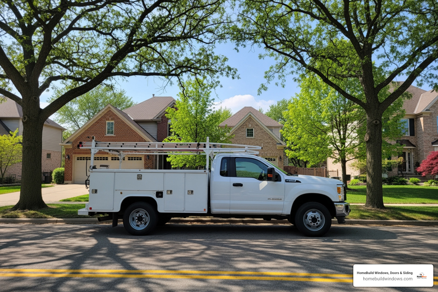 work truck in suburban Chicago neighborhood - window replacement suburbs