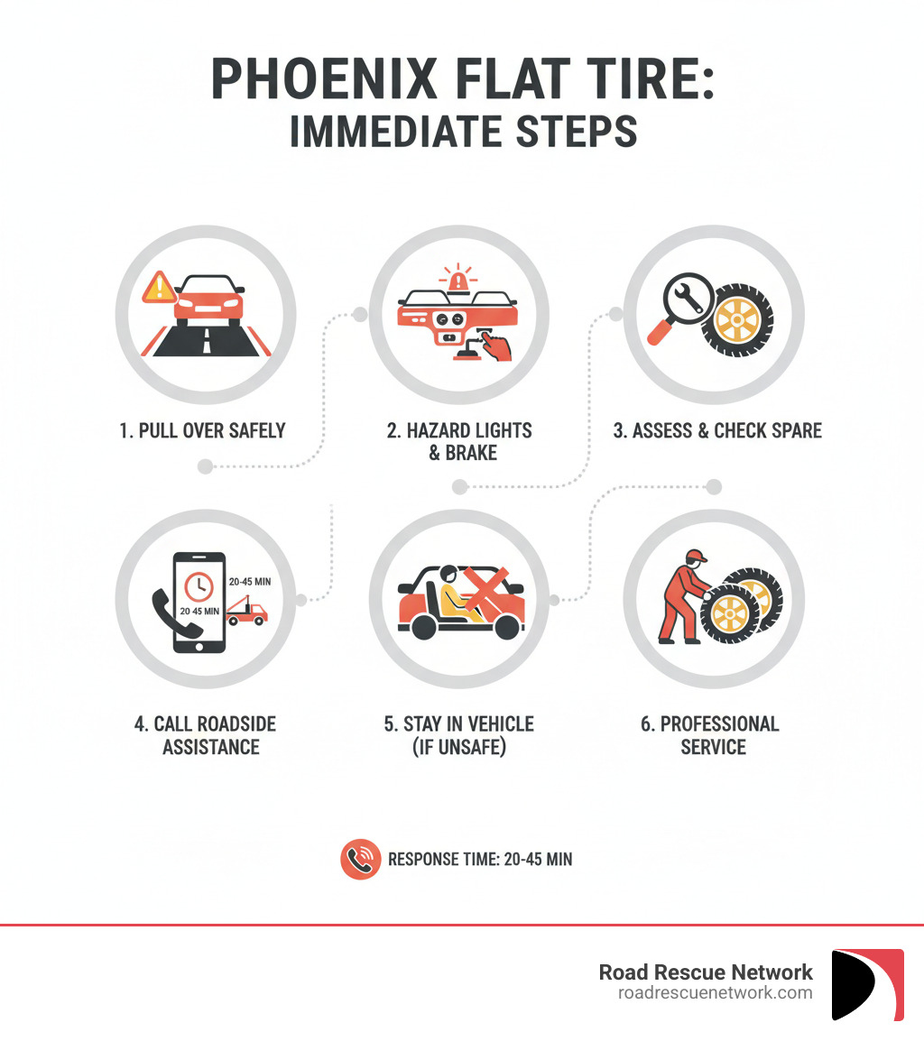 Infographic showing immediate steps after a Phoenix flat tire: 1. Pull over safely to a flat, stable area away from traffic, 2. Turn on hazard lights and apply parking brake, 3. Assess the damage and check for spare tire, 4. Call mobile roadside assistance (20-45 min response), 5. Stay in vehicle if location is unsafe, 6. Professional installs spare, repairs puncture, or replaces tire on-site - Phoenix flat tire infographic Infographic showing immediate steps after a Phoenix flat tire: 1. Pull over safely to a flat, stable area away from traffic, 2. Turn on hazard lights and apply parking brake, 3. Assess the damage and check for spare tire, 4. Call mobile roadside assistance (20-45 min response), 5. Stay in vehicle if location is unsafe, 6. Professional installs spare, repairs puncture, or replaces tire on-site - Phoenix flat tire infographic