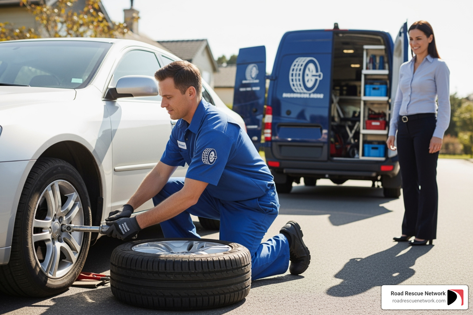 Friendly mobile tire technician helping a driver - Phoenix flat tire Friendly mobile tire technician helping a driver - Phoenix flat tire