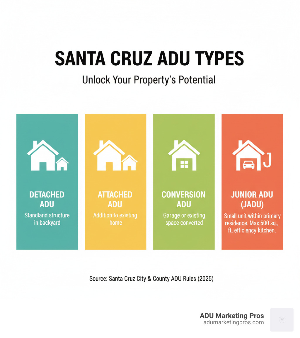 Infographic showing four types of ADUs available in Santa Cruz: Detached ADU (standalone structure in backyard), Attached ADU (addition to existing home), Conversion ADU (garage or existing space converted), and Junior ADU/JADU (small unit within primary residence, max 500 sq ft with efficiency kitchen) - Santa Cruz ADU rules infographic 