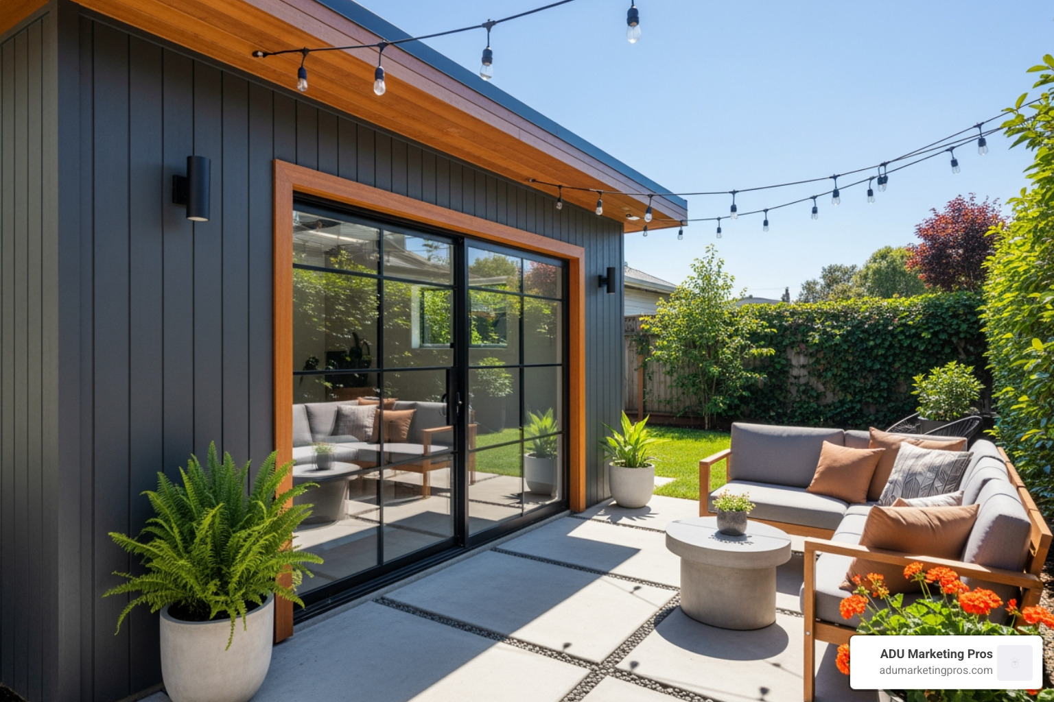 Stylish garage conversion ADU with a small patio area - Santa Cruz ADU rules