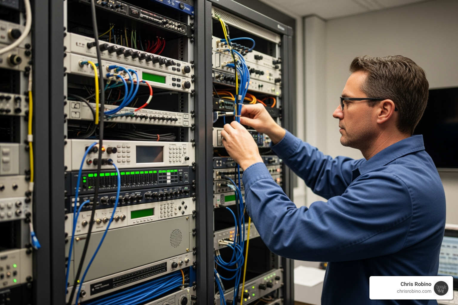 engineer working on broadcast equipment racks - broadcast consulting services engineer working on broadcast equipment racks - broadcast consulting services
