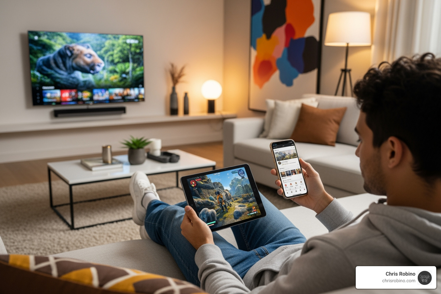 person using multiple devices (phone, tablet, TV) to consume media - broadcast consulting services person using multiple devices (phone, tablet, TV) to consume media - broadcast consulting services