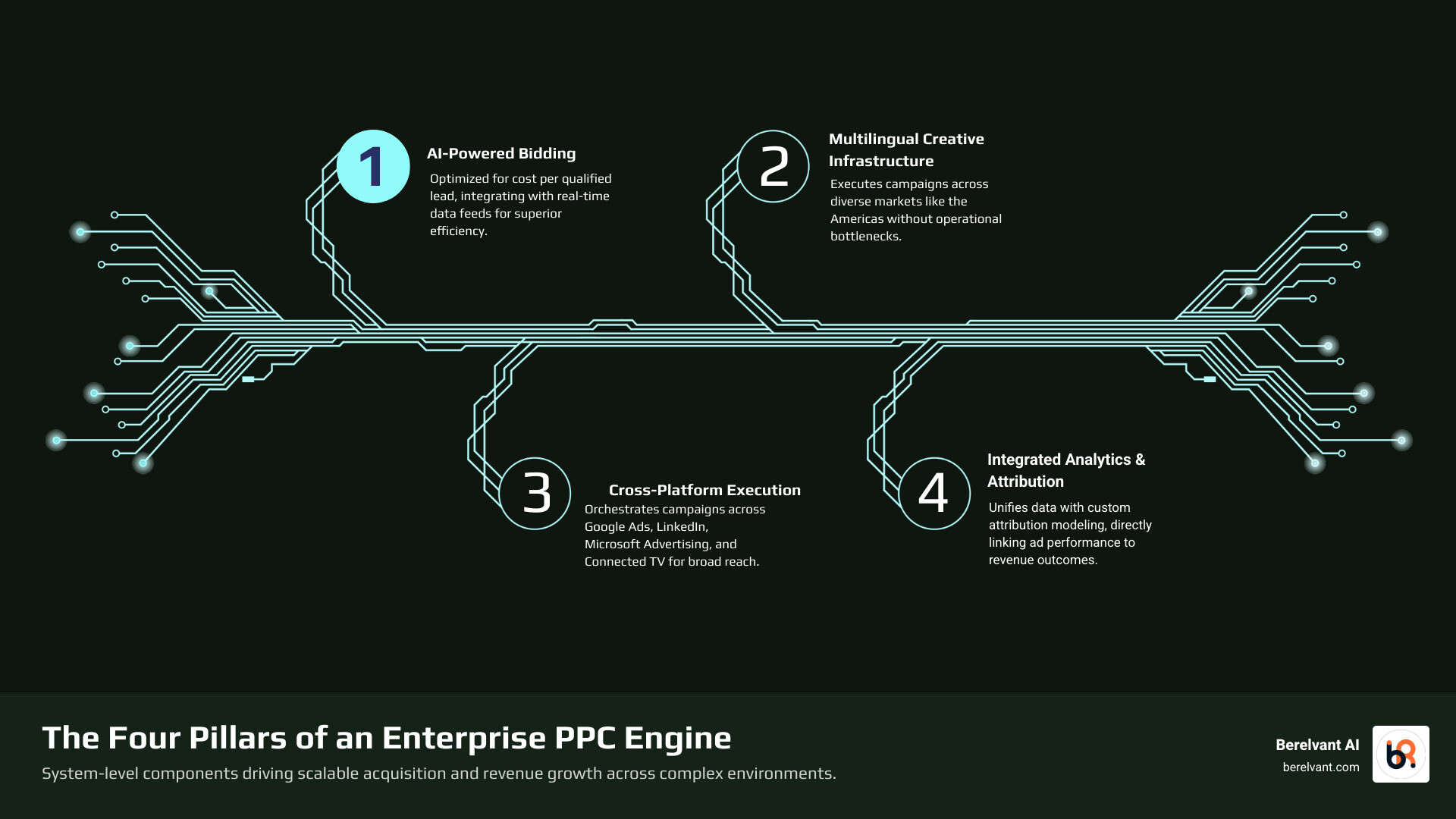 Infographic showing the four pillars of an enterprise PPC engine: AI-powered bidding algorithms integrated with real-time data feeds, multilingual creative infrastructure supporting Spanish and Portuguese execution across LATAM markets, cross-platform campaign orchestration spanning Google Ads, LinkedIn, Microsoft Advertising, and Connected TV, and unified analytics architecture with custom attribution modeling and revenue tracking dashboards - ppc marketing firm infographic infographic-4-steps-tech