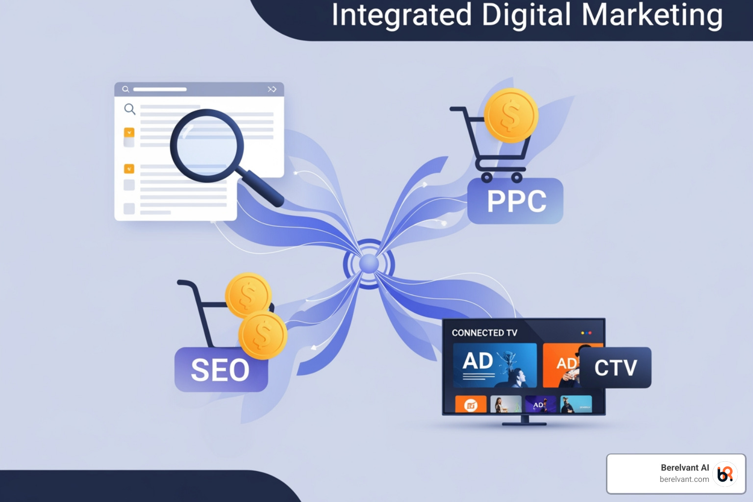 Illustration of integrated digital marketing channels including PPC, SEO, and CTV - ppc marketing firm
