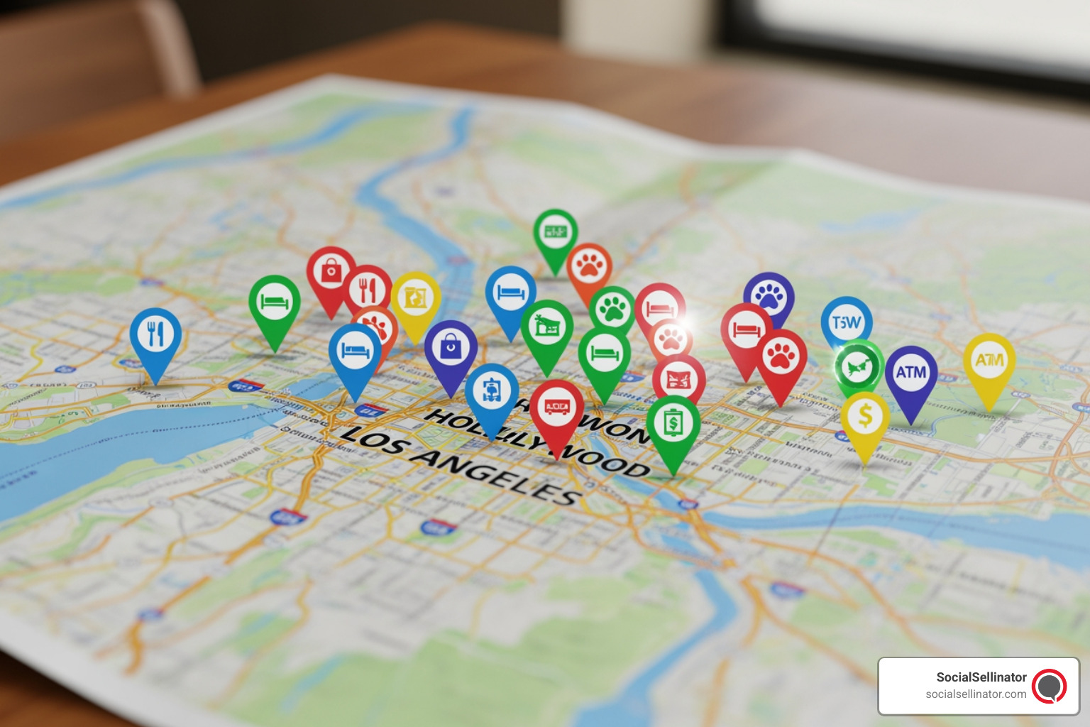 map of Los Angeles with pins indicating local search results - search engine optimization agency los angeles