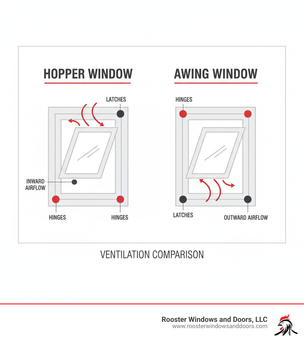 Infographic showing a hopper window's bottom hinge location and inward-tilting mechanism from the top, compared side-by-side with an awning window's top hinge and outward-opening design, with arrows indicating airflow direction and labels for key components like hinges, latches, and frame - hopper window infographic 