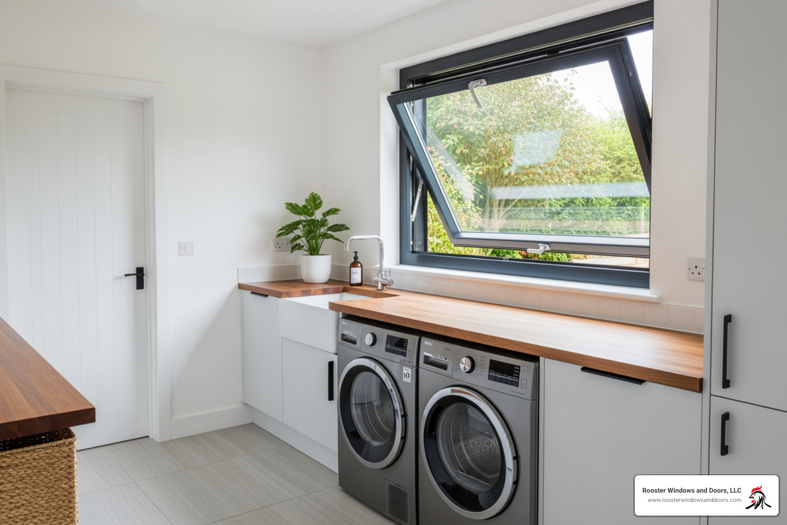 image of a hopper window opened inwards, showing how it provides ventilation in a laundry room - hopper window